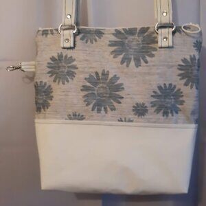 New Floral Vinyl Double handle Shoulder Satchel Bag Purse Greige Teal Canva Boho